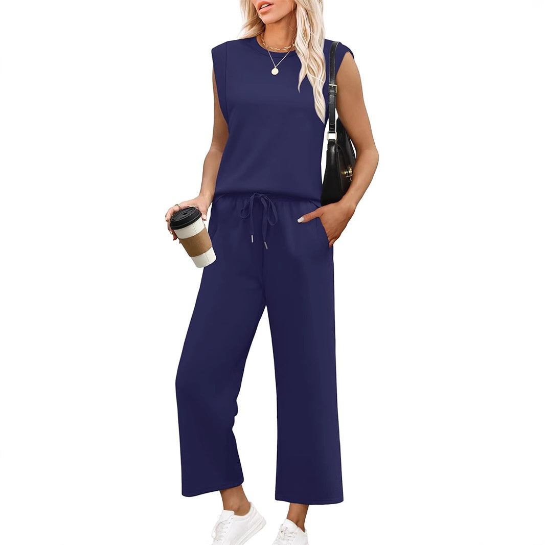 2025 Neue Frauen Casual Cap Sleeve Top Wide Leg Crop Pants Zweiteilige Sets