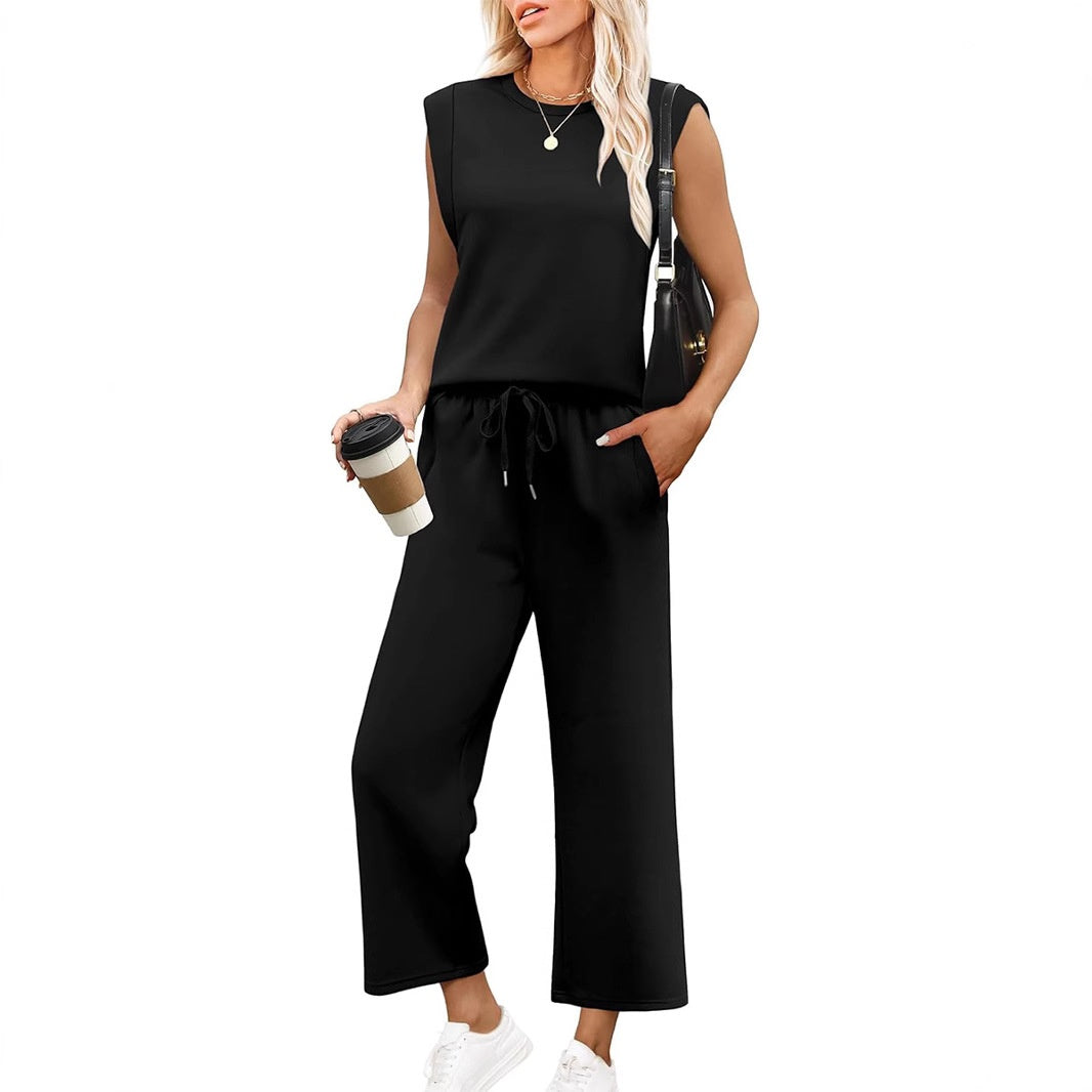 2025 Neue Frauen Casual Cap Sleeve Top Wide Leg Crop Pants Zweiteilige Sets