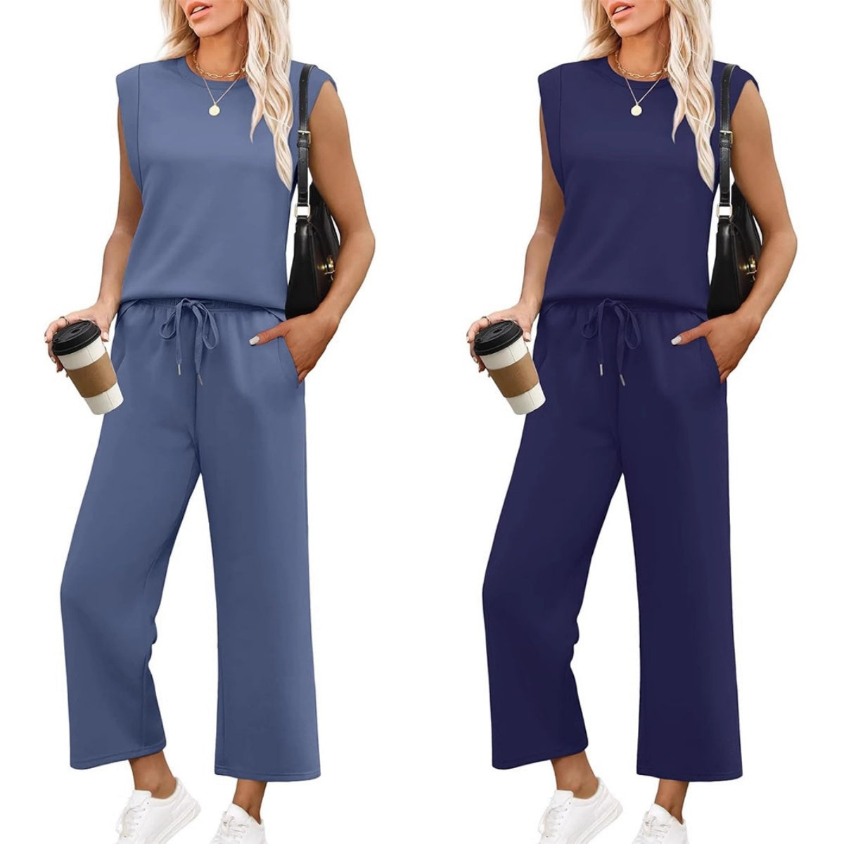 2025 Neue Frauen Casual Cap Sleeve Top Wide Leg Crop Pants Zweiteilige Sets