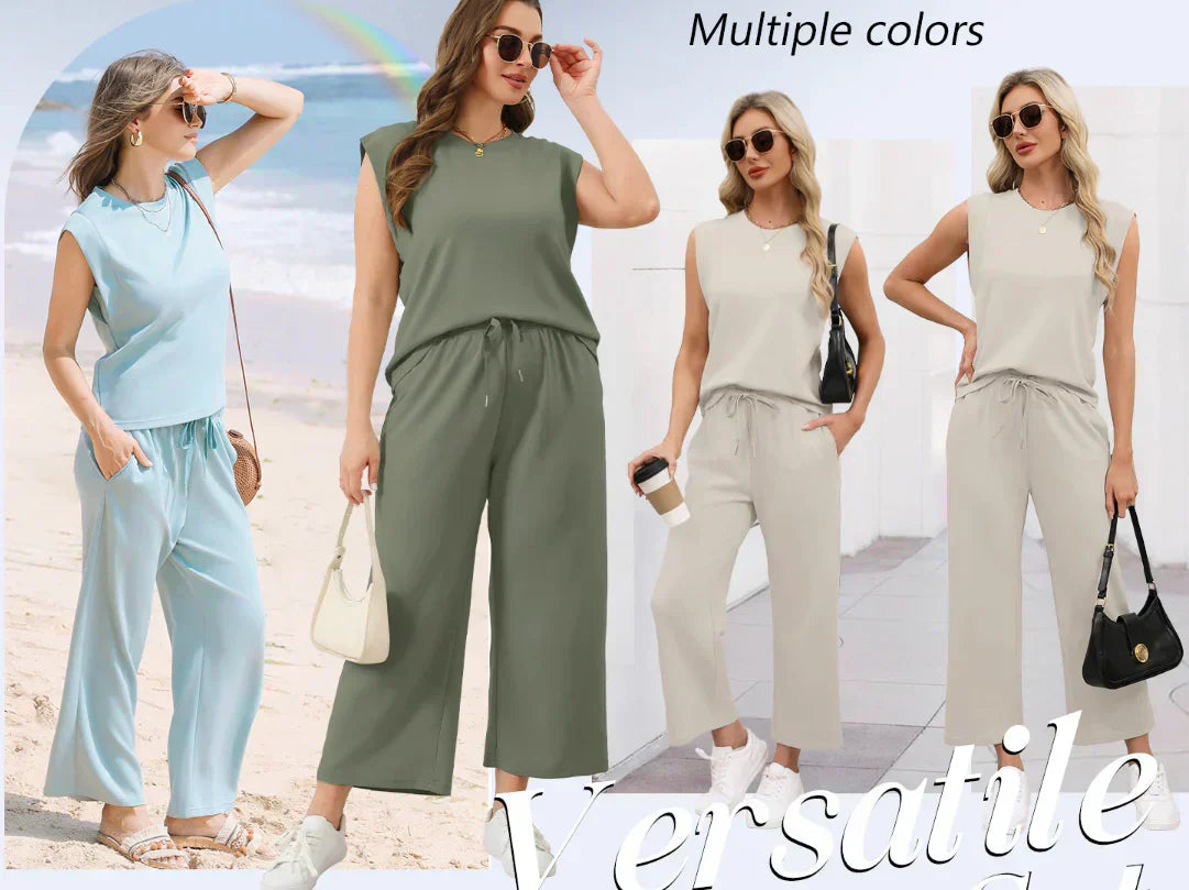 2025 Neue Frauen Casual Cap Sleeve Top Wide Leg Crop Pants Zweiteilige Sets