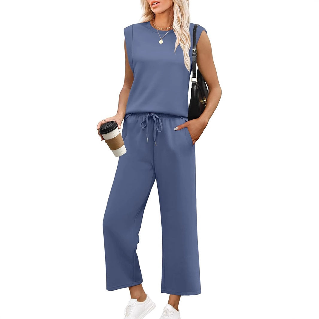 2025 Neue Frauen Casual Cap Sleeve Top Wide Leg Crop Pants Zweiteilige Sets