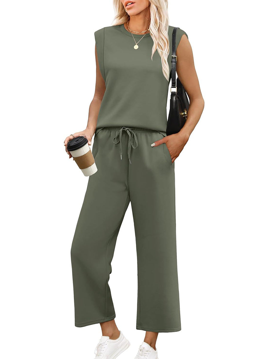 2025 Neue Frauen Casual Cap Sleeve Top Wide Leg Crop Pants Zweiteilige Sets