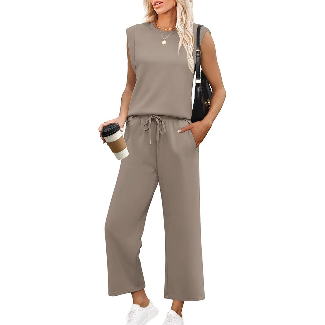 2025 Neue Frauen Casual Cap Sleeve Top Wide Leg Crop Pants Zweiteilige Sets