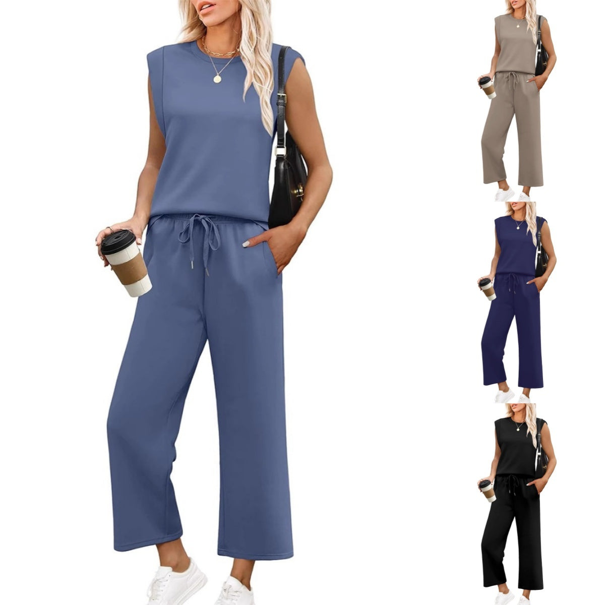 2025 Neue Frauen Casual Cap Sleeve Top Wide Leg Crop Pants Zweiteilige Sets