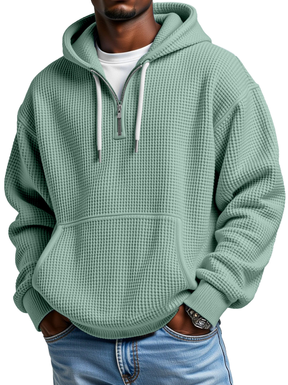Men's Casual Solid Color Waffle Zipper Long Sleeve Hooded Sweatshirt