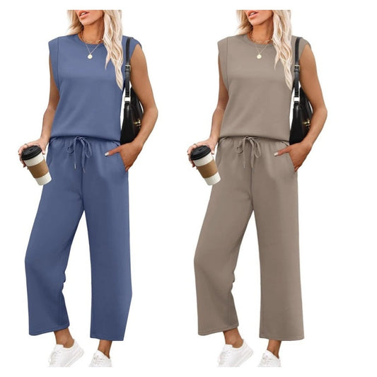 2025 Neue Frauen Casual Cap Sleeve Top Wide Leg Crop Pants Zweiteilige Sets