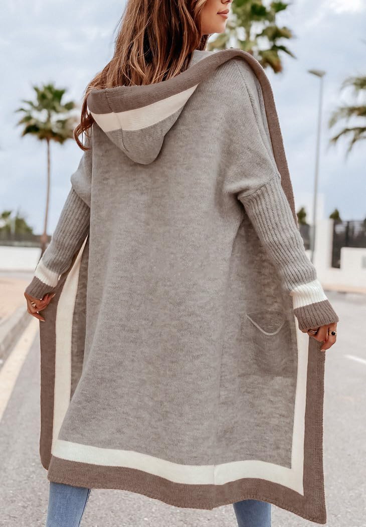 ✨Women's Color Block Vertical Striped Open Front Oversized Hooded Long Cardigan Sweaters with Pockets (Buy 2 Free Shipping)