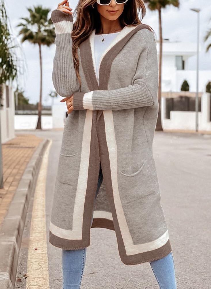 ✨Women's Color Block Vertical Striped Open Front Oversized Hooded Long Cardigan Sweaters with Pockets (Buy 2 Free Shipping)