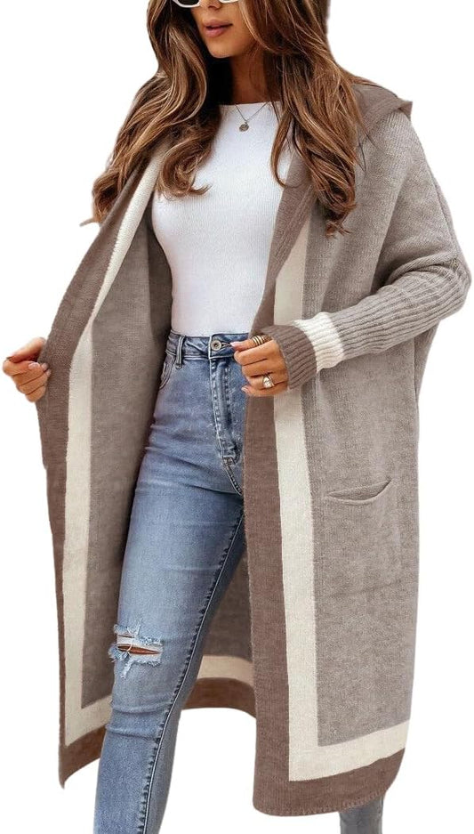 ✨Women's Color Block Vertical Striped Open Front Oversized Hooded Long Cardigan Sweaters with Pockets (Buy 2 Free Shipping)