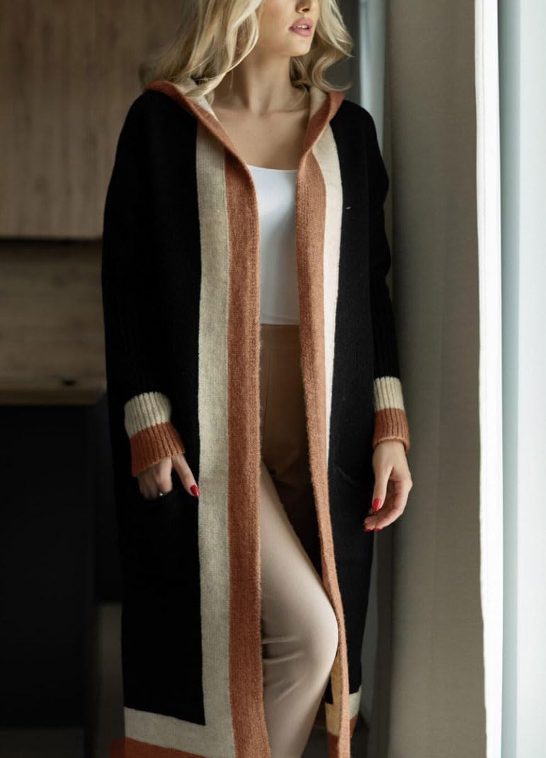 ✨Women's Color Block Vertical Striped Open Front Oversized Hooded Long Cardigan Sweaters with Pockets (Buy 2 Free Shipping)