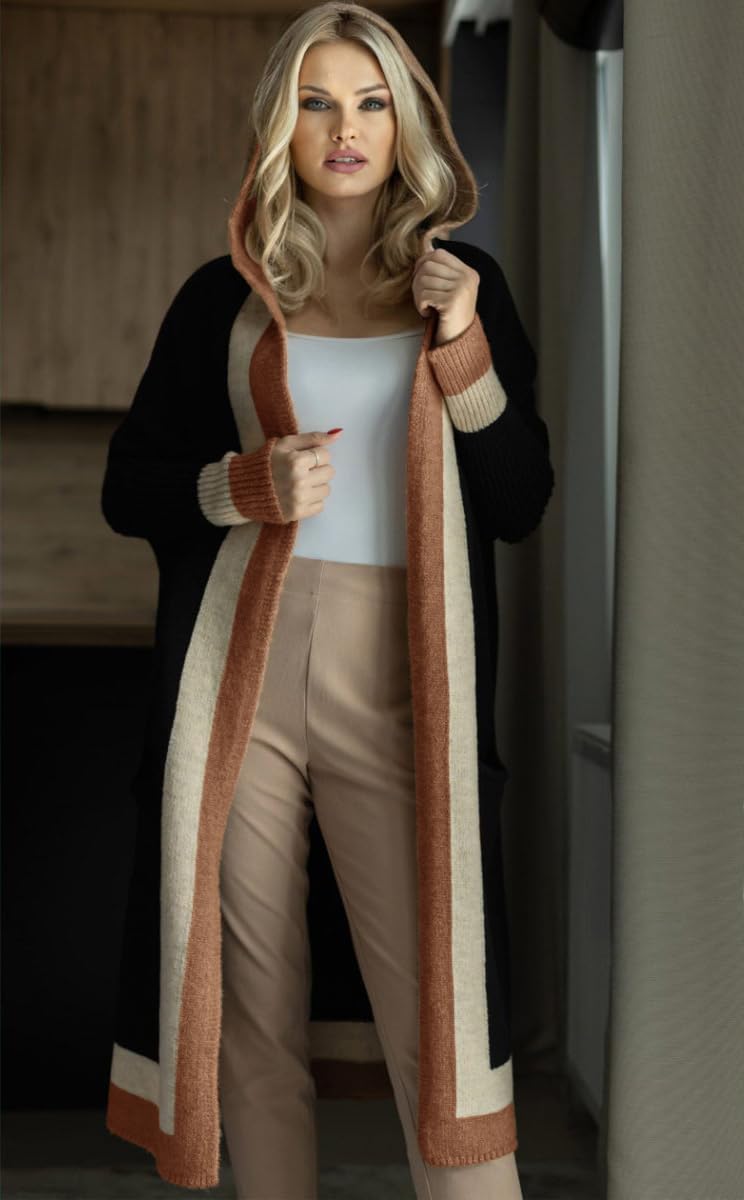 ✨Women's Color Block Vertical Striped Open Front Oversized Hooded Long Cardigan Sweaters with Pockets (Buy 2 Free Shipping)