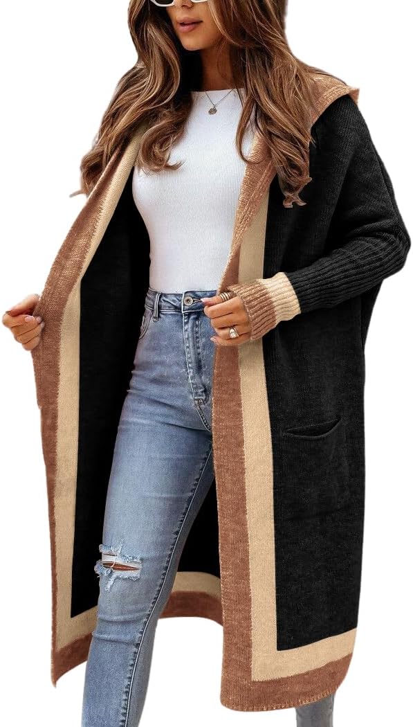 ✨Women's Color Block Vertical Striped Open Front Oversized Hooded Long Cardigan Sweaters with Pockets (Buy 2 Free Shipping)