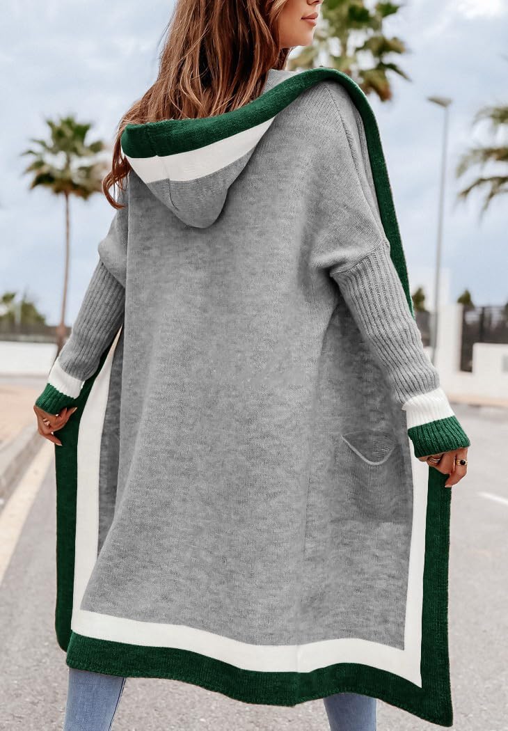 ✨Women's Color Block Vertical Striped Open Front Oversized Hooded Long Cardigan Sweaters with Pockets (Buy 2 Free Shipping)