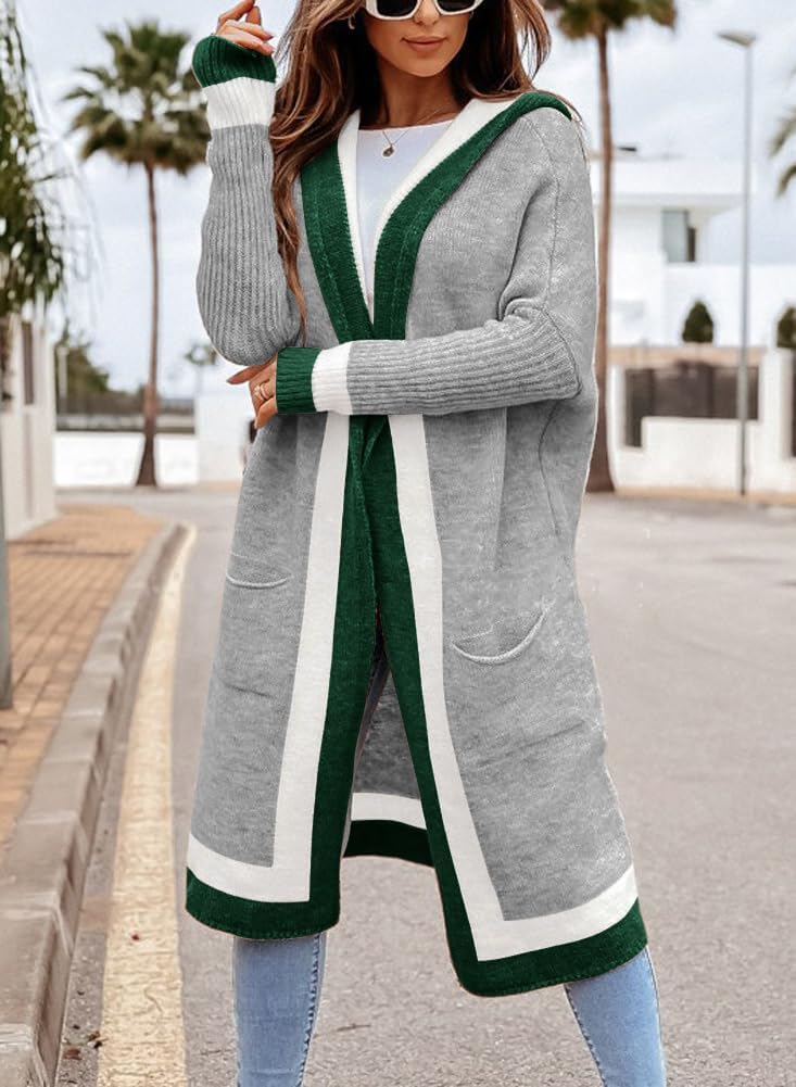 ✨Women's Color Block Vertical Striped Open Front Oversized Hooded Long Cardigan Sweaters with Pockets (Buy 2 Free Shipping)