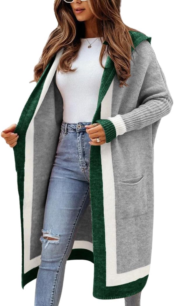 ✨Women's Color Block Vertical Striped Open Front Oversized Hooded Long Cardigan Sweaters with Pockets (Buy 2 Free Shipping)