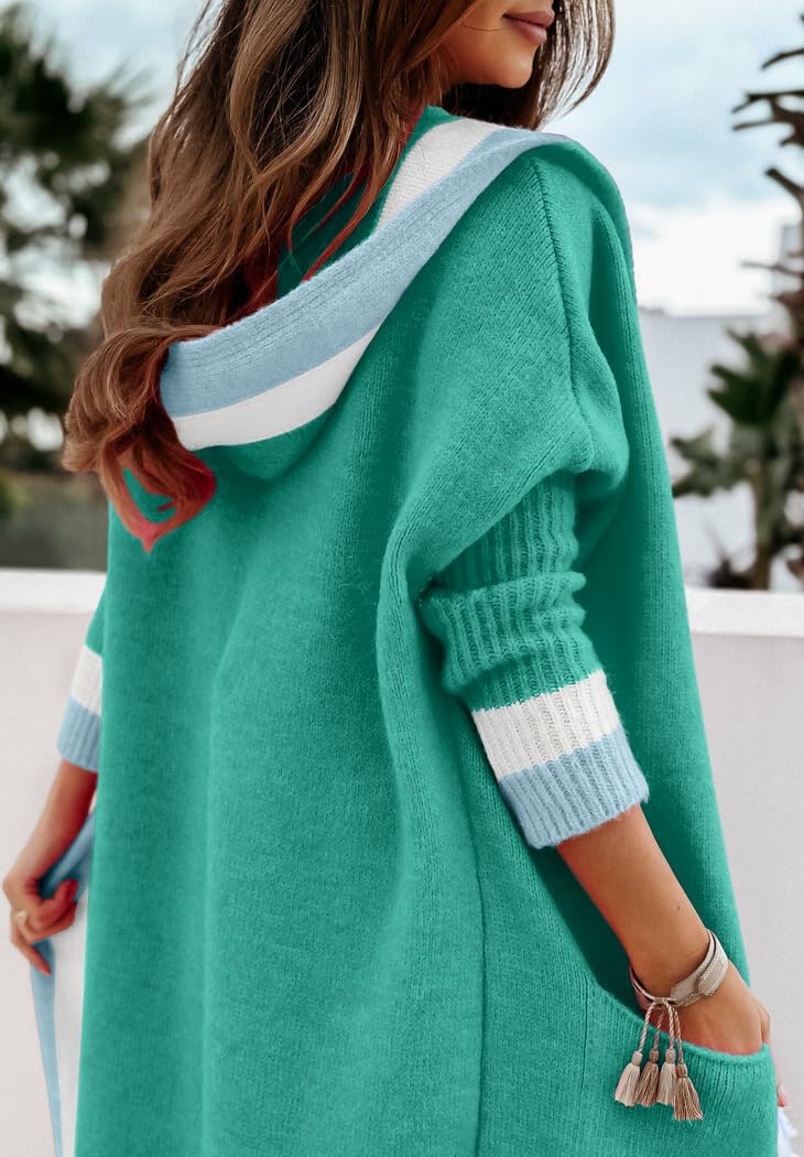 ✨Women's Color Block Vertical Striped Open Front Oversized Hooded Long Cardigan Sweaters with Pockets (Buy 2 Free Shipping)