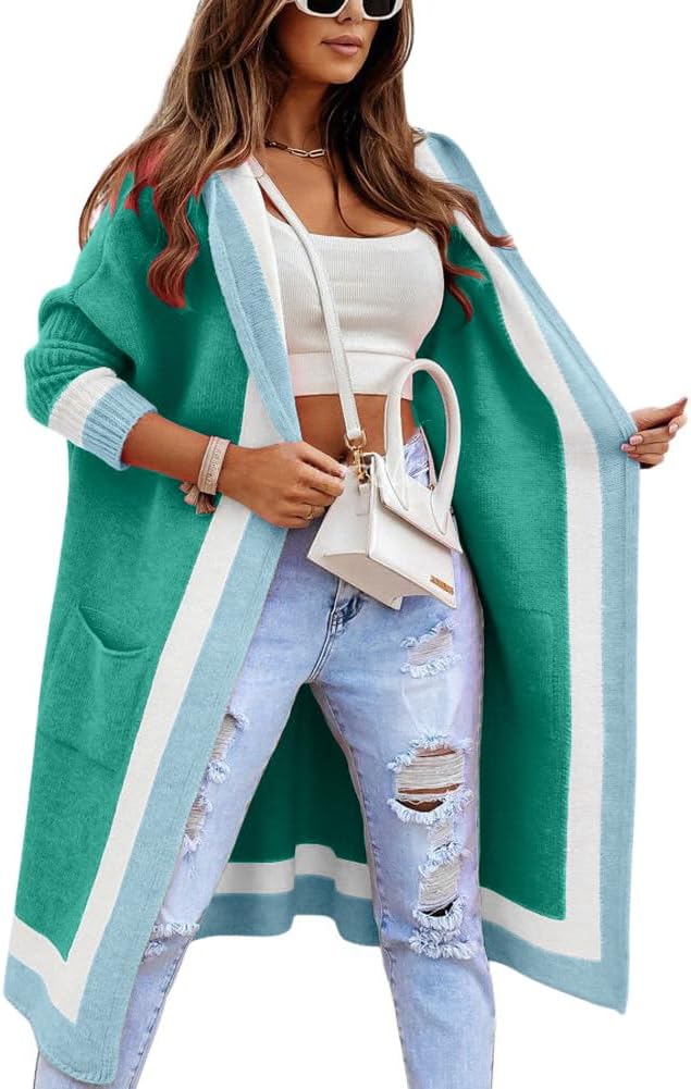 ✨Women's Color Block Vertical Striped Open Front Oversized Hooded Long Cardigan Sweaters with Pockets (Buy 2 Free Shipping)