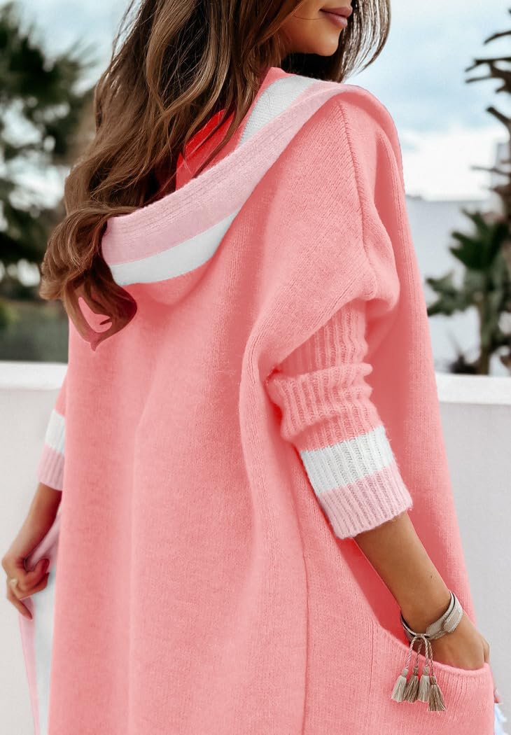 ✨Women's Color Block Vertical Striped Open Front Oversized Hooded Long Cardigan Sweaters with Pockets (Buy 2 Free Shipping)