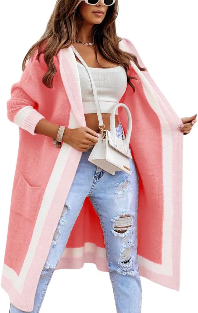 ✨Women's Color Block Vertical Striped Open Front Oversized Hooded Long Cardigan Sweaters with Pockets (Buy 2 Free Shipping)