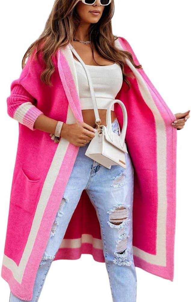 ✨Women's Color Block Vertical Striped Open Front Oversized Hooded Long Cardigan Sweaters with Pockets (Buy 2 Free Shipping)