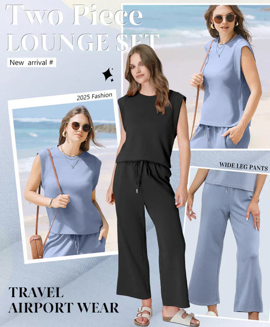 2025 Neue Frauen Casual Cap Sleeve Top Wide Leg Crop Pants Zweiteilige Sets
